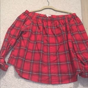 trendy plaid off the shoulder button up